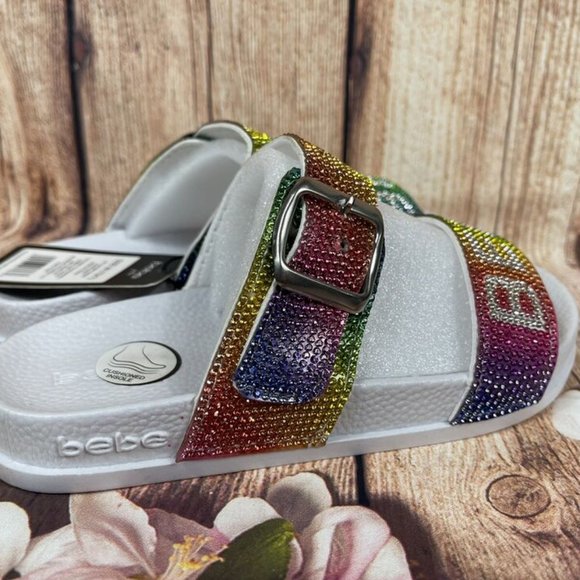 bebe girls White Rainbow Rhinestone Buckle Logo Slide - Girls - Picture 5 of 6